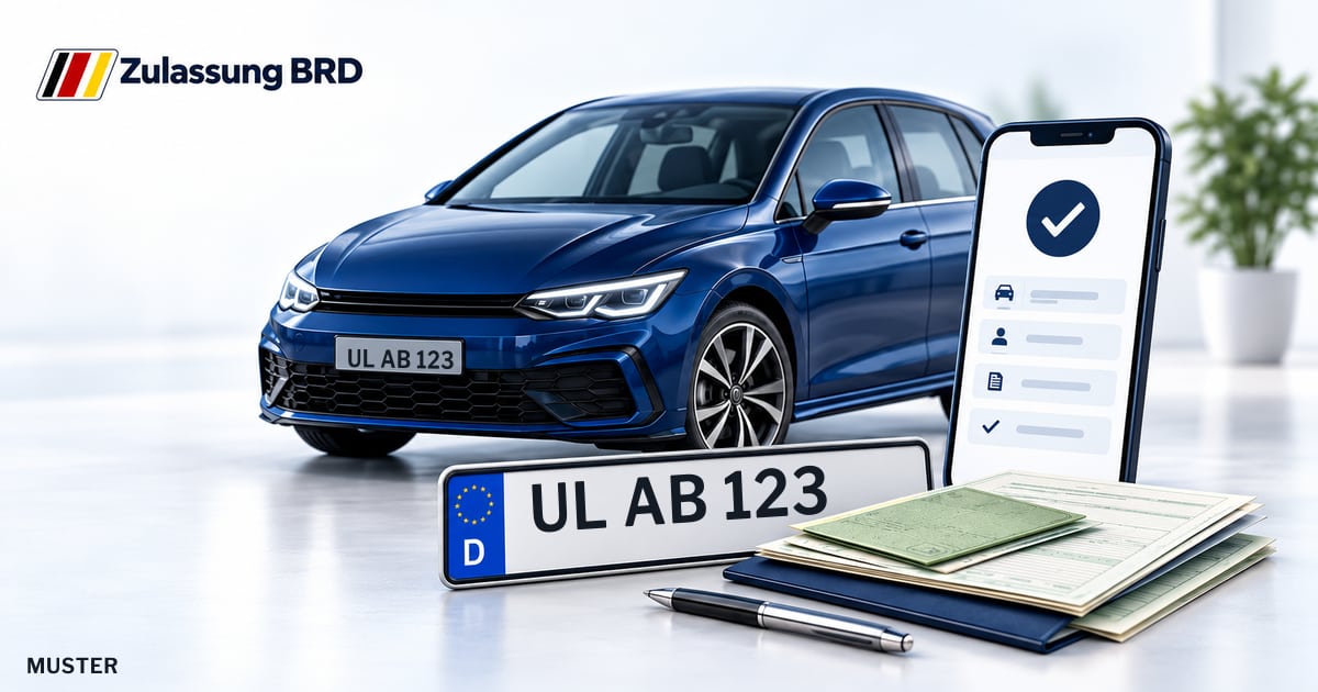Online Fahrzeugzulassung in Blaubeuren: Musterkennzeichen UL AB 123, Auto und Fahrzeugpapiere und Smartphone. Illustration mit Logo von Zulassung BRD.